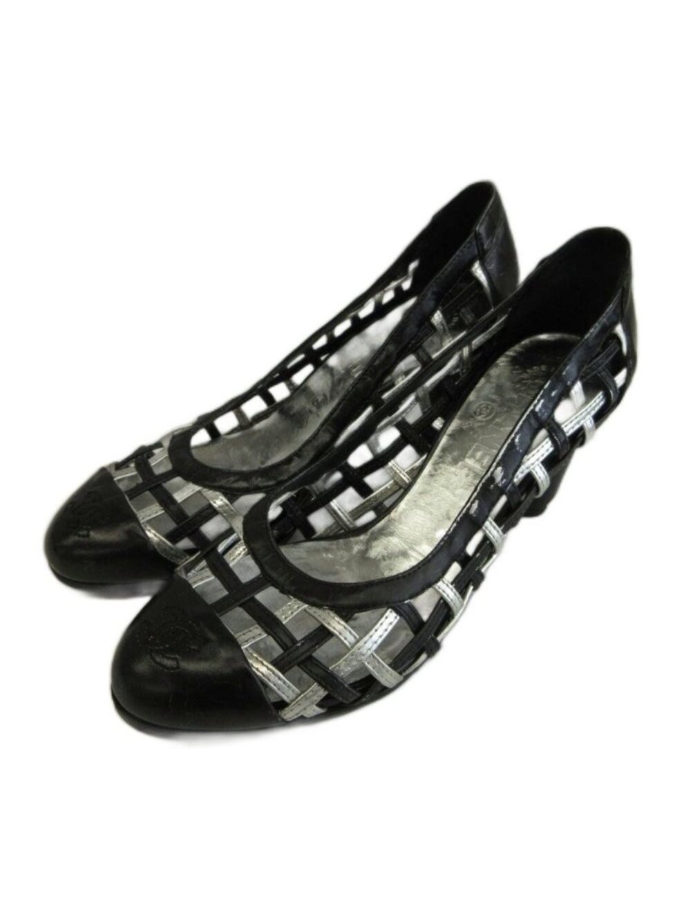 Chanel Woven Leather Chunky Heel Pumps Mesh Round Toe CC Logo Black